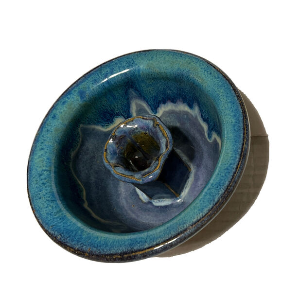 Smoky Mountain Pottery Candle Holder Glazed Blue Round Hand Made Gatlingburg TN - Picture 2 of 10